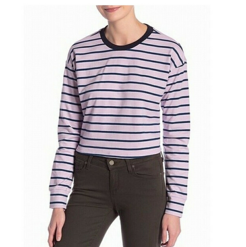 Striped Long-Sleeve Crop Top - Pink/Navy